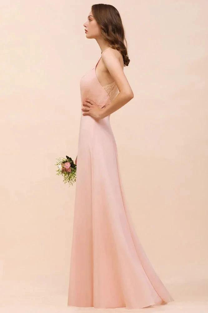 Halter Bridesmaid Dress Pink Floor Length Formal Event Dress (ZD12994)