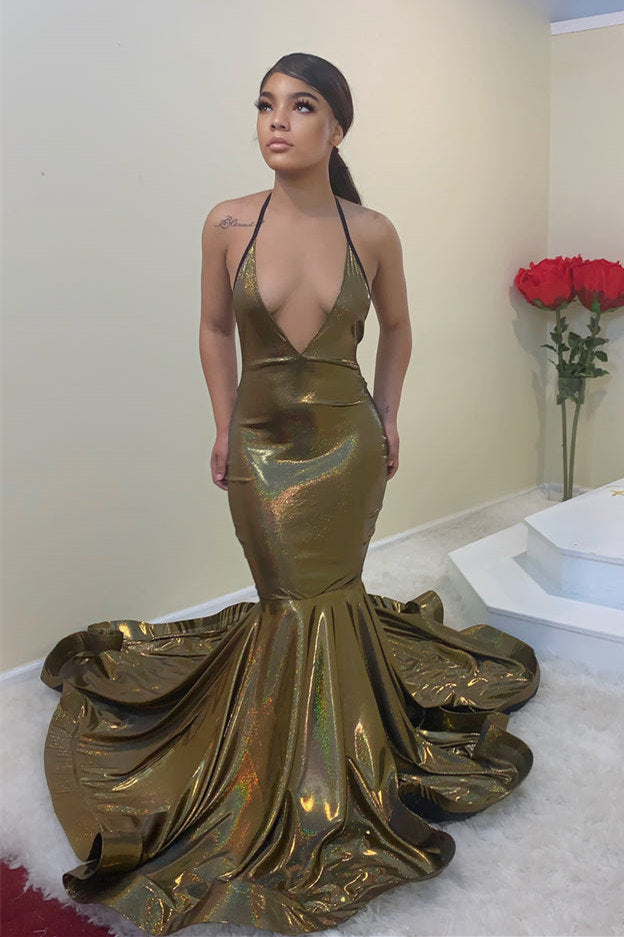 Halter Deep V-Neck Sparkle Sleeveless Mermaid Long Prom Dresses