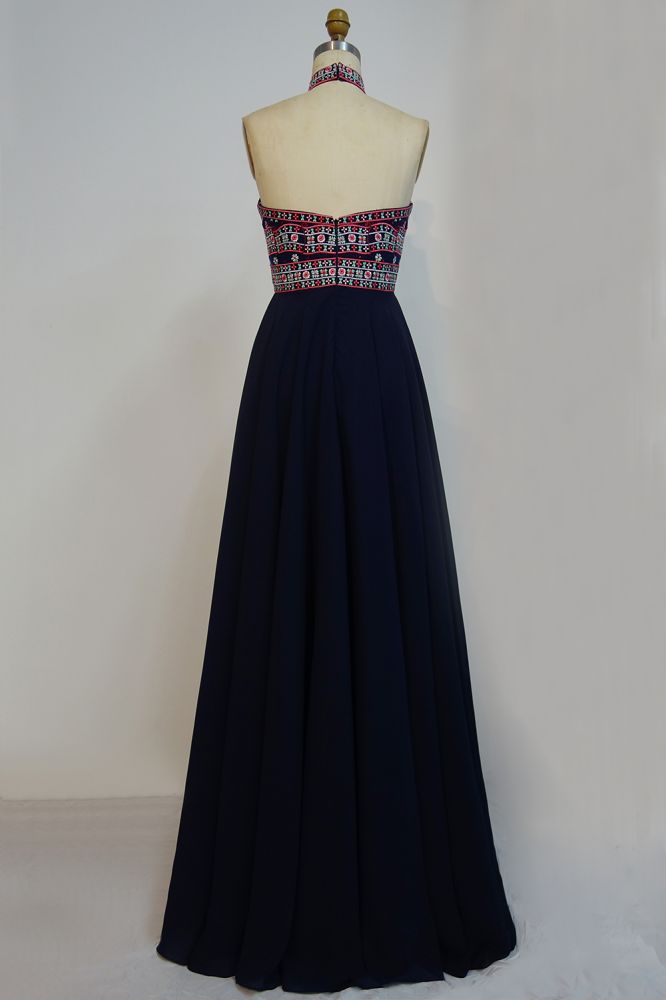 Halter Floor Length A-line Embroidered Flowers Black Prom Dresses - View 2 | VelvetHem