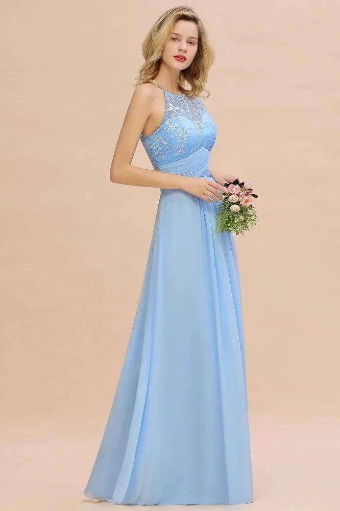 Halter Floral lace aline Chiffon Bridesmaid Dress Sleeveless Ruffle Wedding Guest Dress (ZD13125)