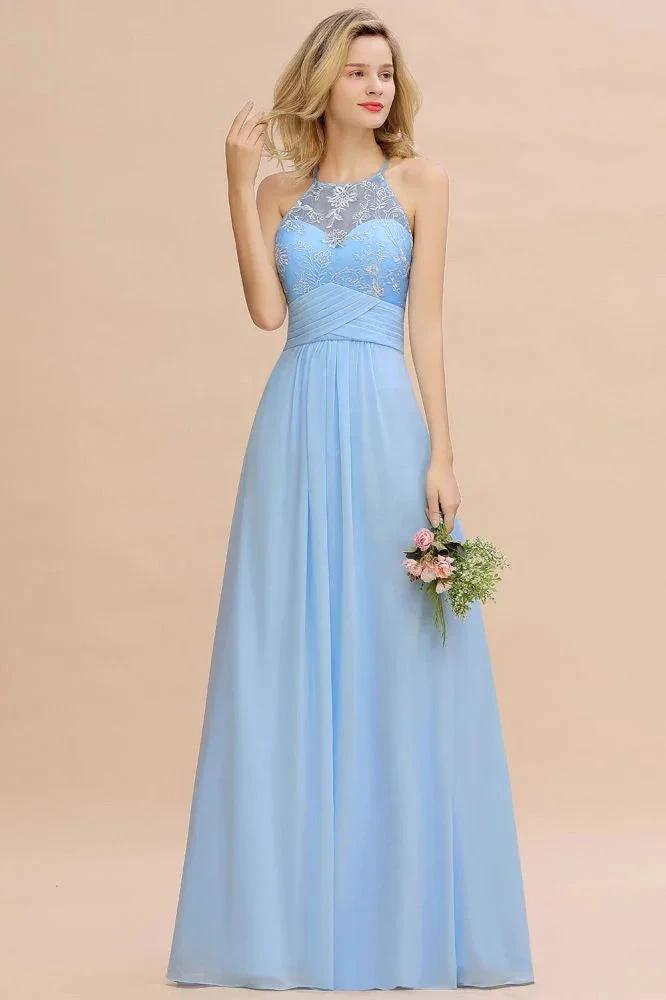 Halter Floral lace aline Chiffon Bridesmaid Dress Sleeveless Ruffle Wedding Guest Dress (ZD13125)