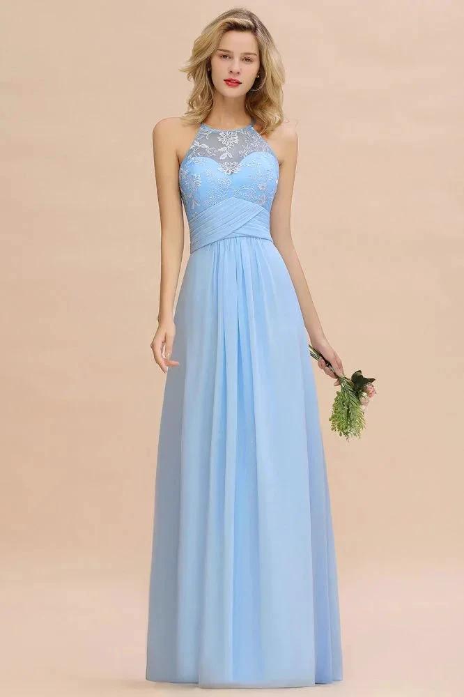 Halter Floral lace aline Chiffon Bridesmaid Dress Sleeveless Ruffle Wedding Guest Dress (ZD13125)