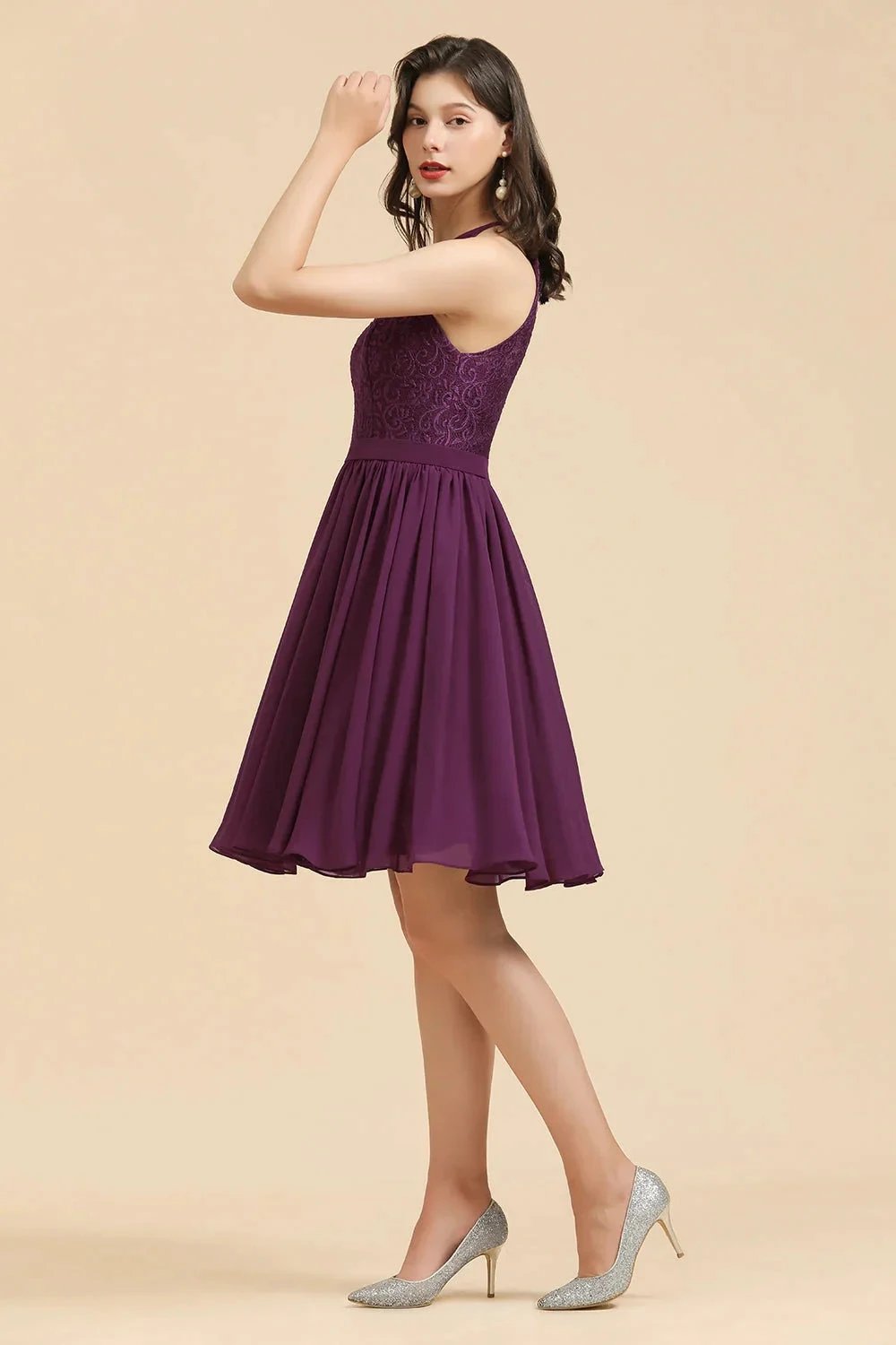 Halter Lace Bridesmaid Dress Chiffon Sleeveless Short Dress (ZD12878)