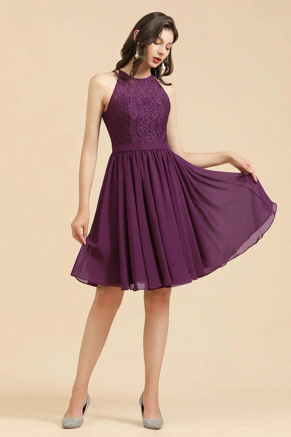 Halter Lace Bridesmaid Dress Chiffon Sleeveless Short Dress (ZD12878)