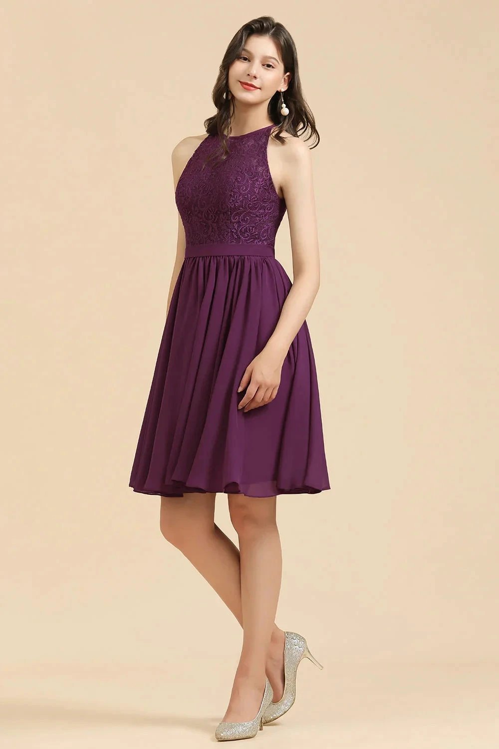 Halter Lace Bridesmaid Dress Chiffon Sleeveless Short Dress (ZD12878)
