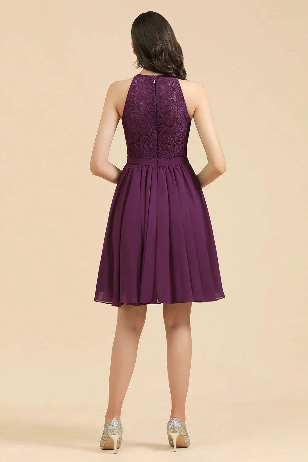 Halter Lace Bridesmaid Dress Chiffon Sleeveless Short Dress (ZD12878)