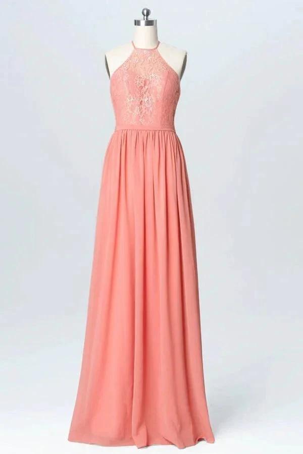 Halter Lace Long Chiffon Peach Bridesmaid Dresses (ZD13237) - VelvetHem