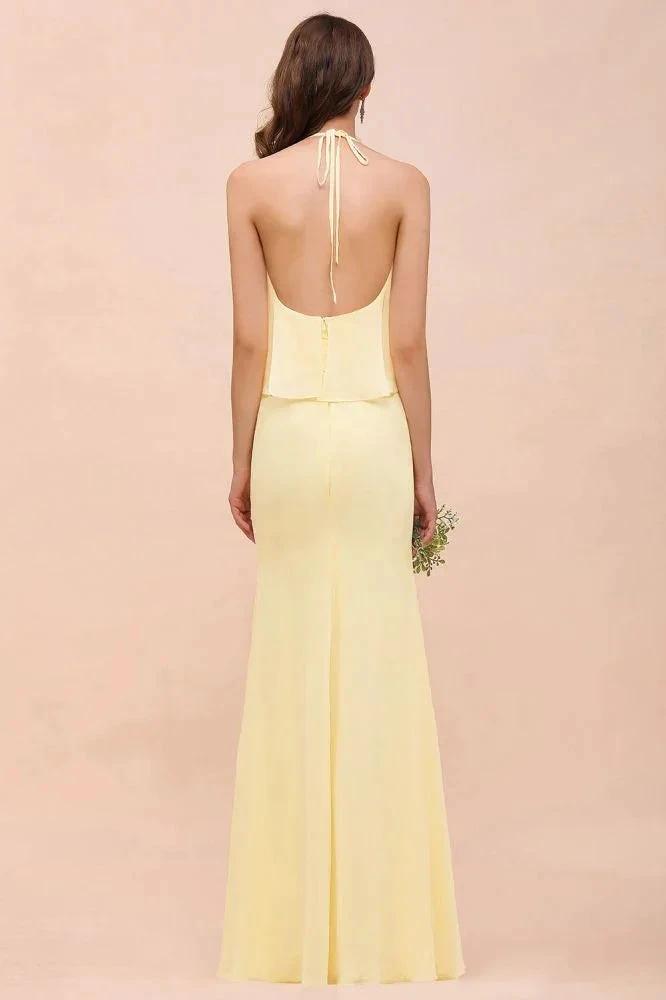 Halter Mermaid Chiffon Girls Bridesmaid Dress Yellow Floor length Beach Wedding Dress (ZD13012)