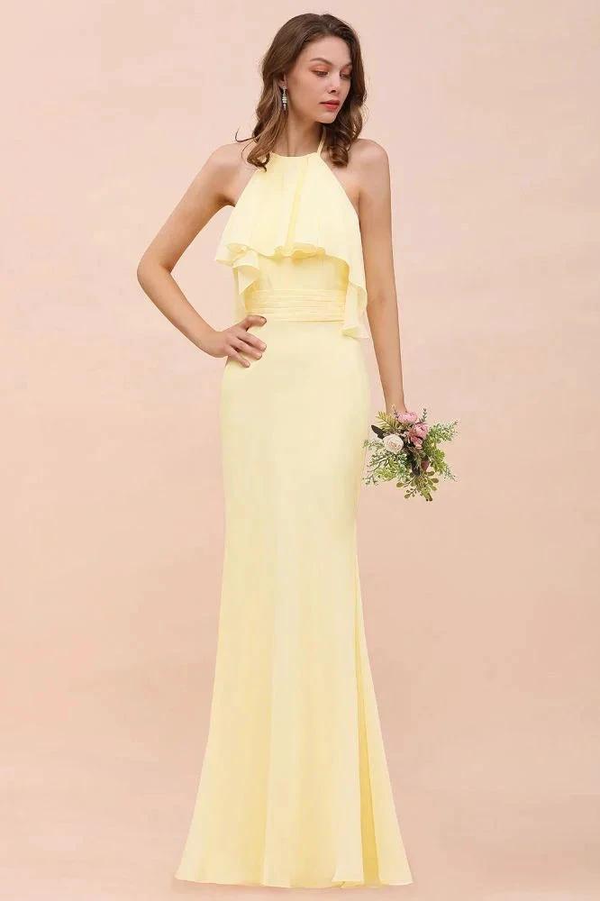Halter Mermaid Chiffon Girls Bridesmaid Dress Yellow Floor length Beach Wedding Dress (ZD13012)