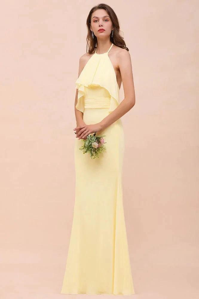 Halter Mermaid Chiffon Girls Bridesmaid Dress Yellow Floor length Beach Wedding Dress (ZD13012)