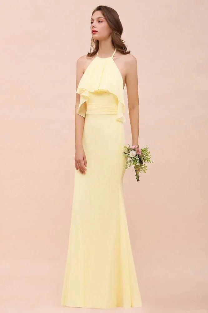 Halter Mermaid Chiffon Girls Bridesmaid Dress Yellow Floor length Beach Wedding Dress (ZD13012)