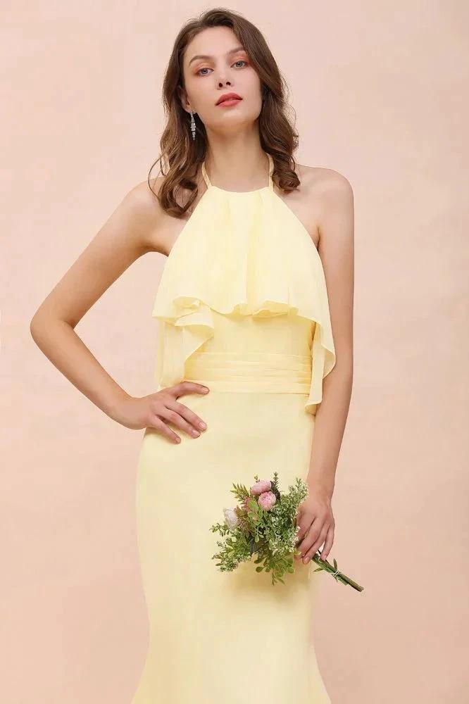 Halter Mermaid Chiffon Girls Bridesmaid Dress Yellow Floor length Beach Wedding Dress (ZD13012)