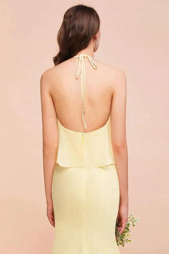 Halter Mermaid Chiffon Girls Bridesmaid Dress Yellow Floor length Beach Wedding Dress (ZD13012)