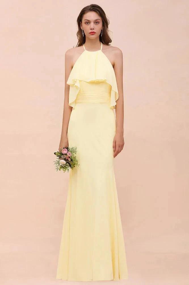 Halter Mermaid Chiffon Girls Bridesmaid Dress Yellow Floor length Beach Wedding Dress by misshow.com