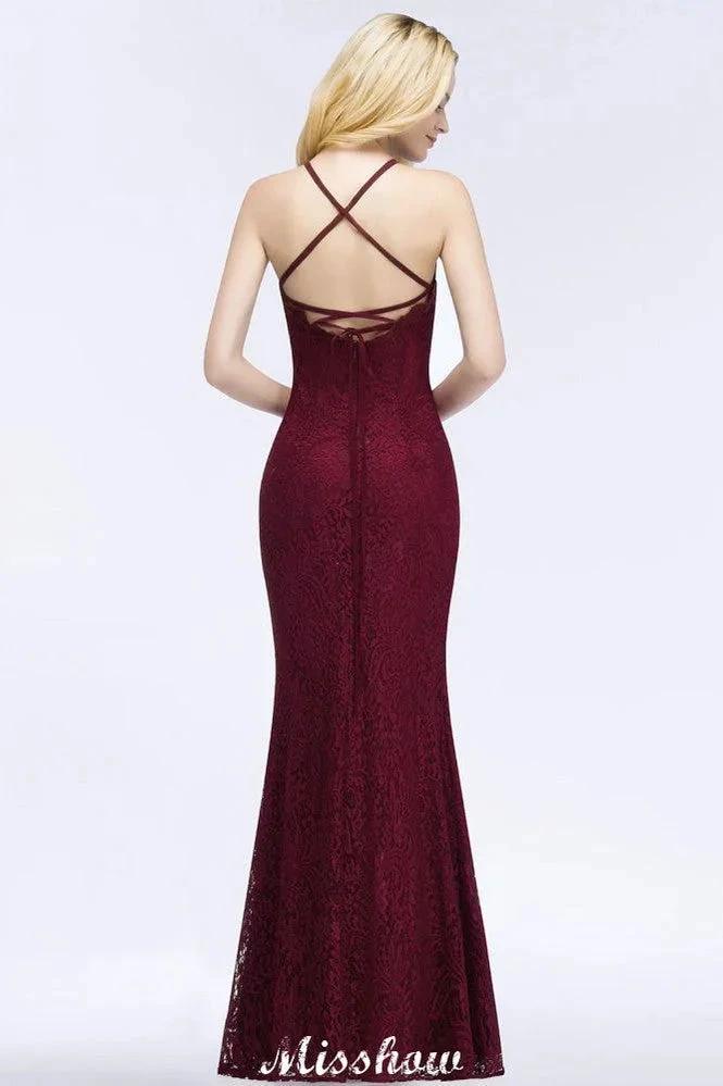 Halter Mermaid Evening Dress Floor Length Lace Burgundy Bridesmaid Dresses (ZD12879)