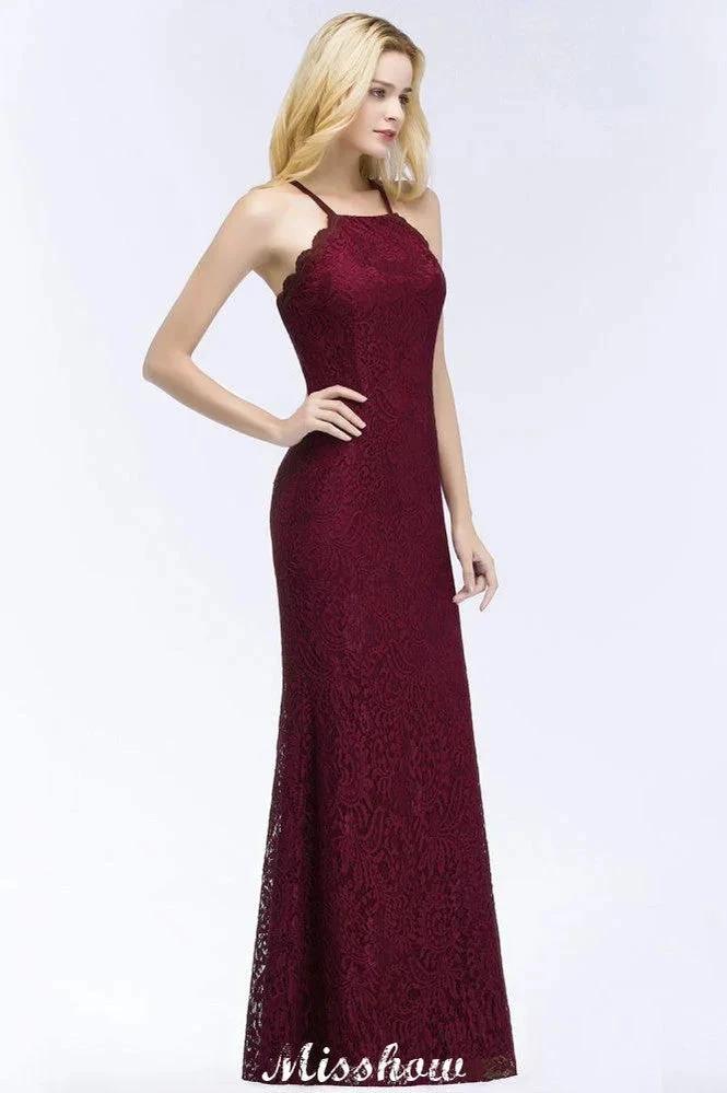 Halter Mermaid Evening Dress Floor Length Lace Burgundy Bridesmaid Dresses (ZD12879)