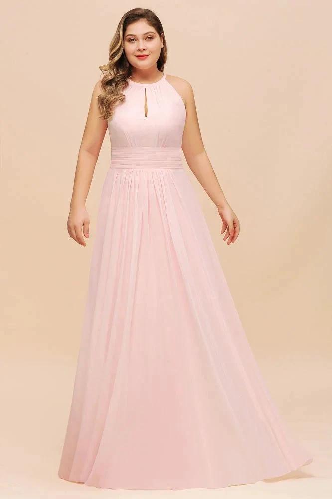 Halter Pink Bridesmaid Dress Plus Size Chiffon Wedding party Dress for Girls (ZD12981)