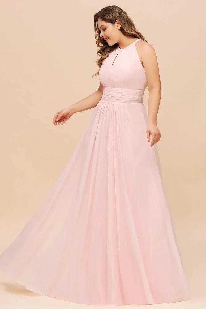 Halter Pink Bridesmaid Dress Plus Size Chiffon Wedding party Dress for Girls (ZD12981)