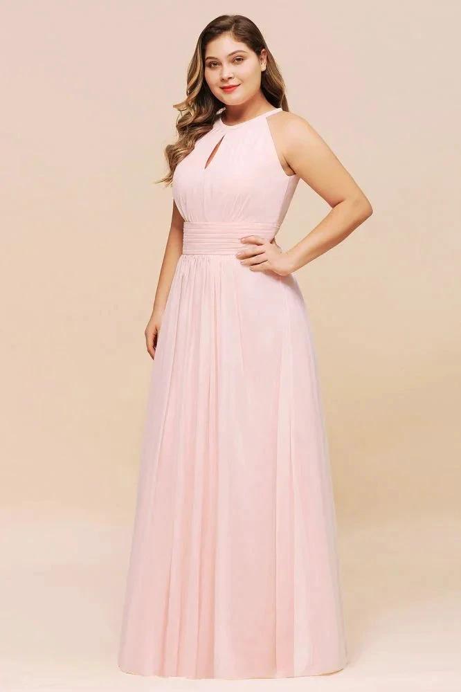 Halter Pink Bridesmaid Dress Plus Size Chiffon Wedding party Dress for Girls (ZD12981)