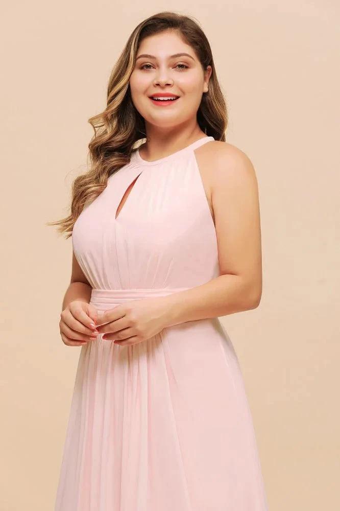 Halter Pink Bridesmaid Dress Plus Size Chiffon Wedding party Dress for Girls (ZD12981)