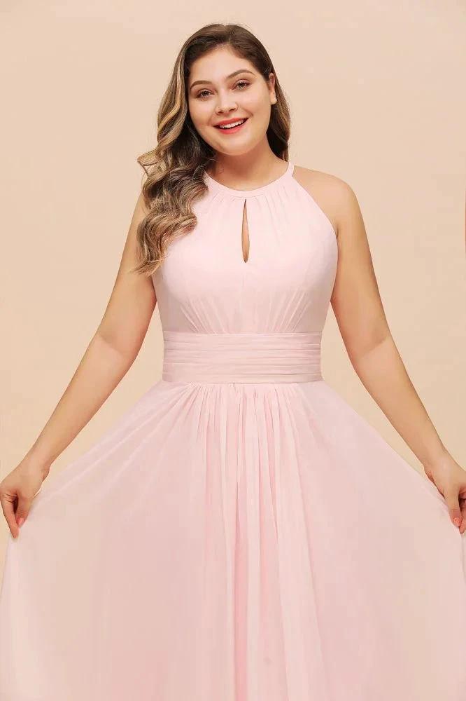 Halter Pink Bridesmaid Dress Plus Size Chiffon Wedding party Dress for Girls (ZD12981)