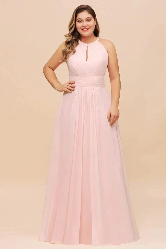Halter Pink Bridesmaid Dress Plus Size Chiffon Wedding party Dress for Girls by misshow.com