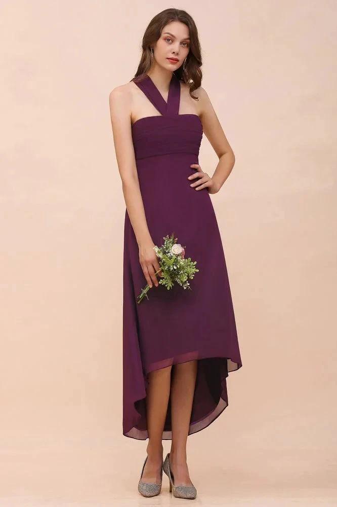 Halter Purple Hi-Lo Bridesmaid Dress Chiffon Cocktail Party Dress (ZD12978)