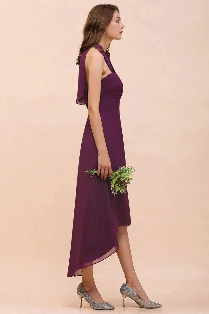 Halter Purple Hi-Lo Bridesmaid Dress Chiffon Cocktail Party Dress (ZD12978)