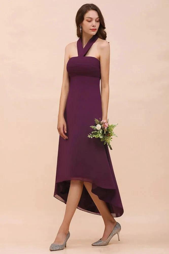 Halter Purple Hi-Lo Bridesmaid Dress Chiffon Cocktail Party Dress (ZD12978)