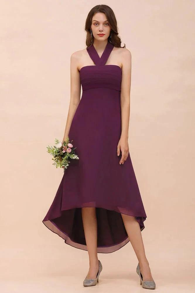 Halter Purple Hi-Lo Bridesmaid Dress Chiffon Cocktail Party Dress by misshow.com