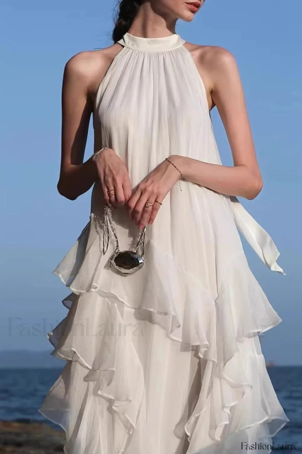 Halter Ruffled Vacation Dress with Relaxed Fit and Layered Outfit Styling