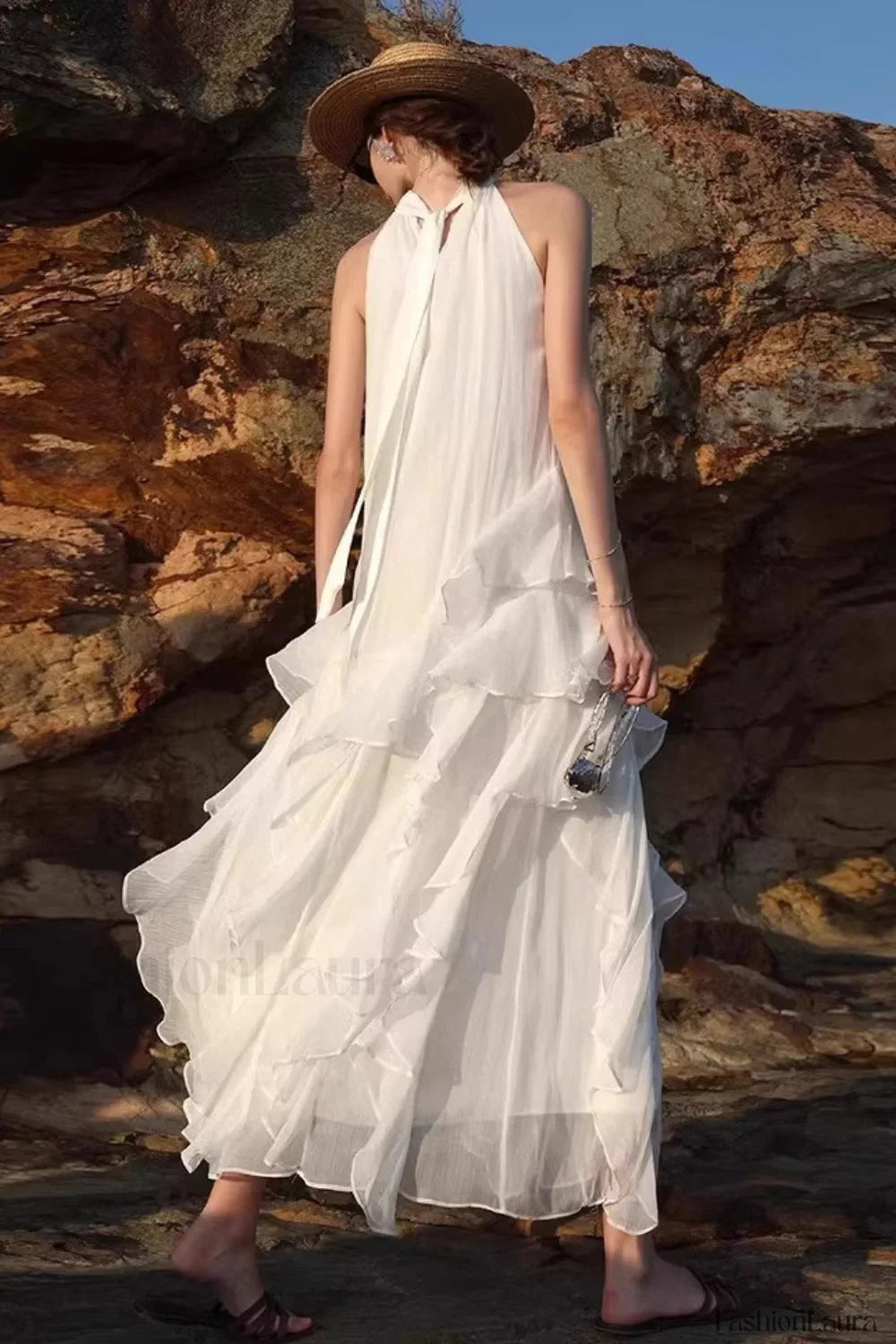 Halter Ruffled Vacation Dress with Relaxed Fit and Layered Outfit Styling