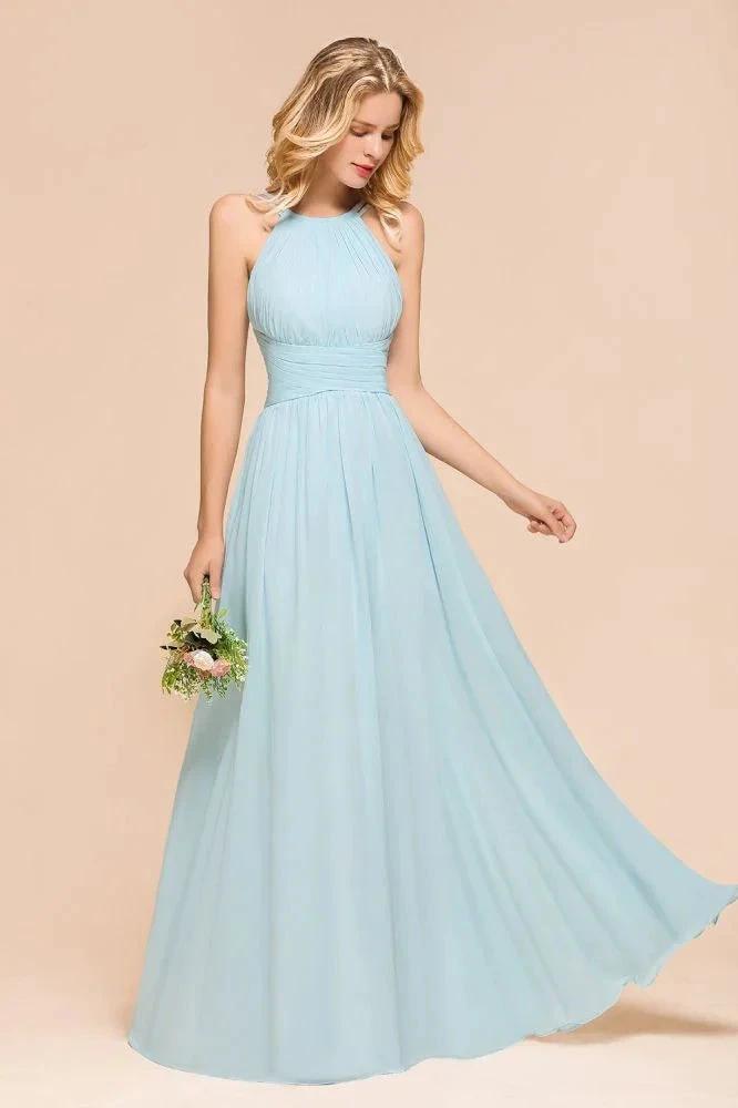 Halter Sky Blue Floor Length Bridesmaid Dress online Sleeveless A-line party Dress (ZD13014)