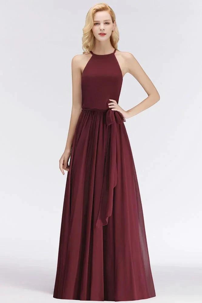 Halter Sleeveless A-line Burgundy Ruffles Chiffon Bridesmaid Dresses (ZD13050)