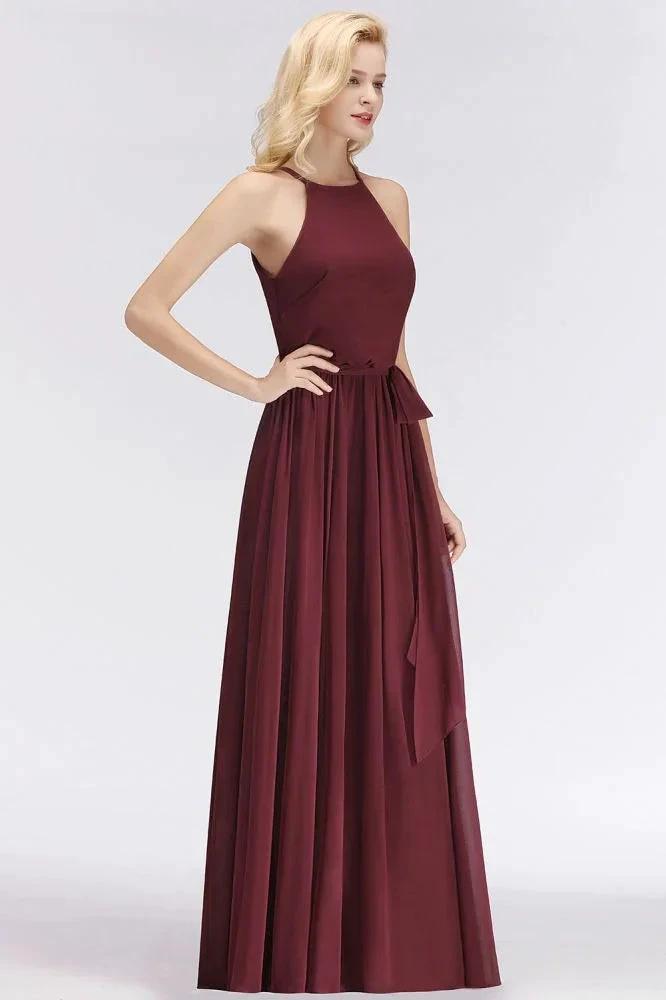 Halter Sleeveless A-line Burgundy Ruffles Chiffon Bridesmaid Dresses (ZD13050)