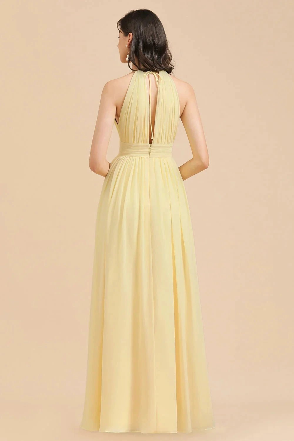Halter Sleeveless Daffodil Chiffon Bridesmaid Dress with Ruffles (ZD12871)