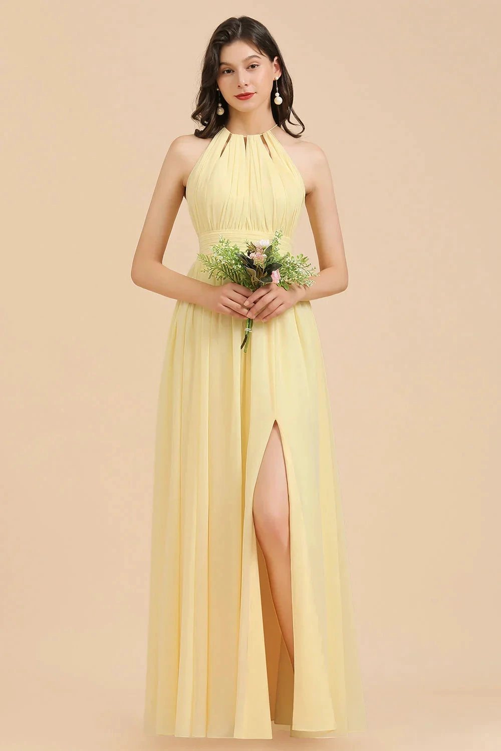 Halter Sleeveless Daffodil Chiffon Bridesmaid Dress with Ruffles (ZD12871)