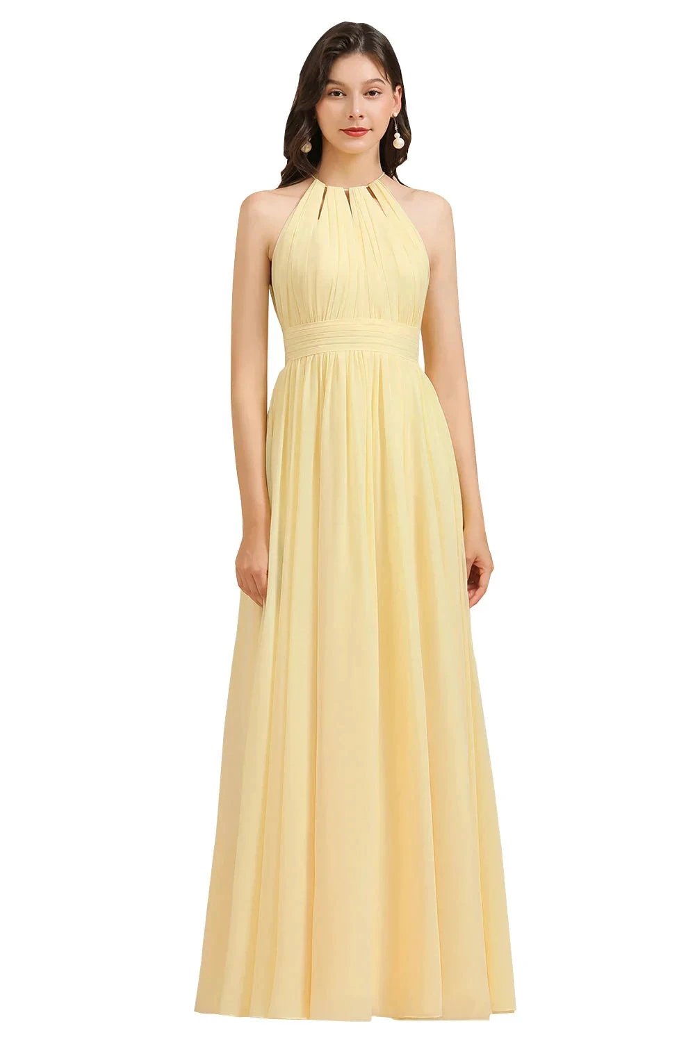 Halter Sleeveless Daffodil Chiffon Bridesmaid Dress with Ruffles (ZD12871)