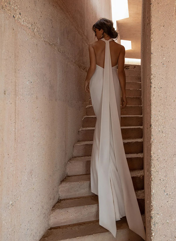 Halter Sleeveless Elastic Satin Wedding Dress Sweep Train Split Front
