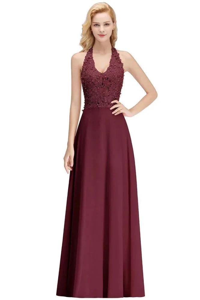 Halter Sleeveless Floral Appliques Evening Party Dress Aline Floor Length Bridesmaid Dress (ZD13031)