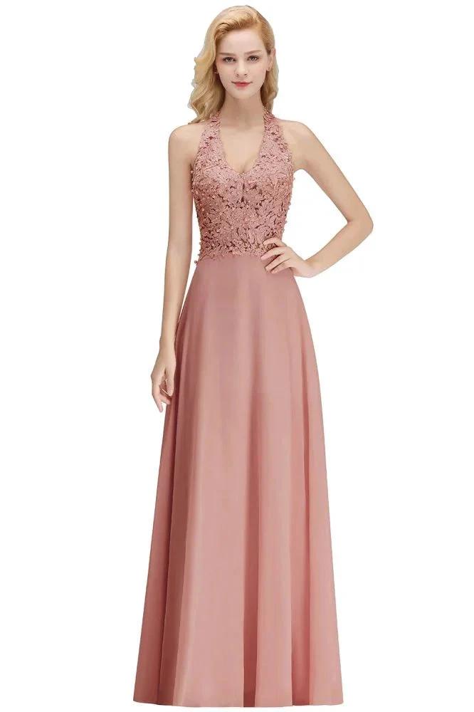 Halter Sleeveless Floral Appliques Evening Party Dress Aline Floor Length Bridesmaid Dress by misshow.com