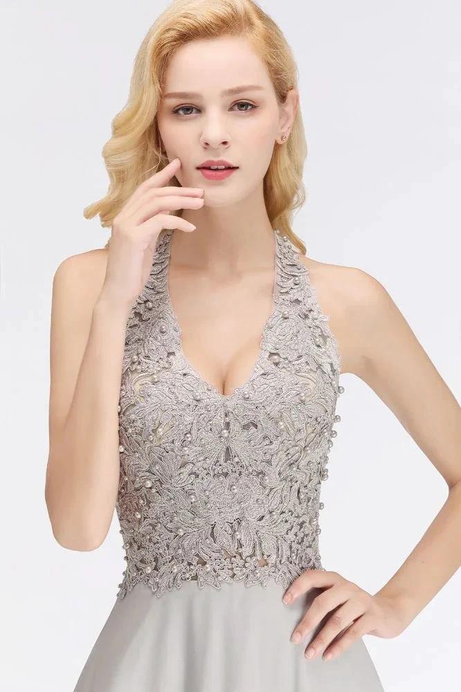 Halter Sleeveless Floral Appliques Evening Party Dress Aline Floor Length Bridesmaid Dress (ZD13031)