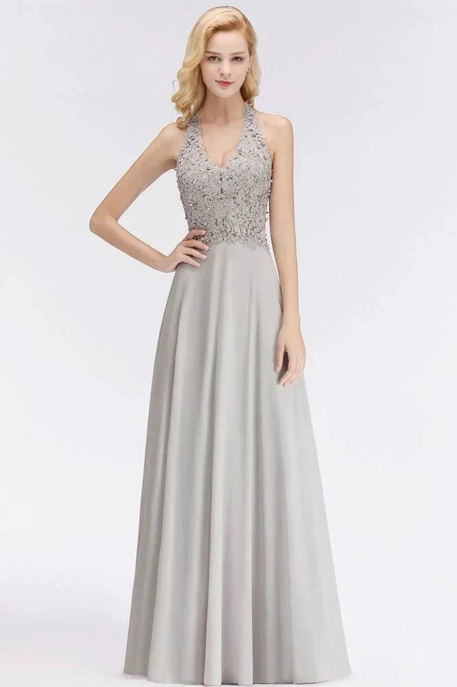 Halter Sleeveless Floral Appliques Evening Party Dress Aline Floor Length Bridesmaid Dress (ZD13031)