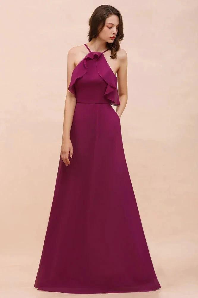 Halter Sleeveless Purple Bridesmaid Dress with Side Pockets (ZD13009)