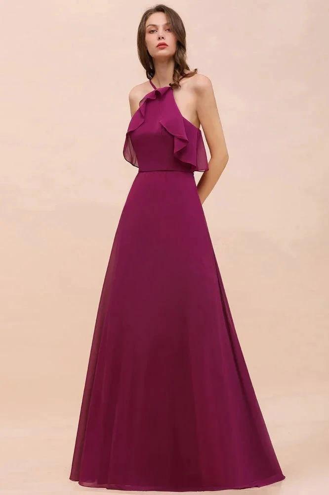 Halter Sleeveless Purple Bridesmaid Dress with Side Pockets (ZD13009)
