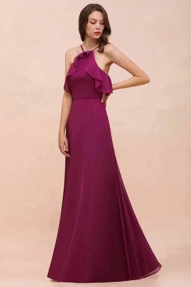 Halter Sleeveless Purple Bridesmaid Dress with Side Pockets (ZD13009)