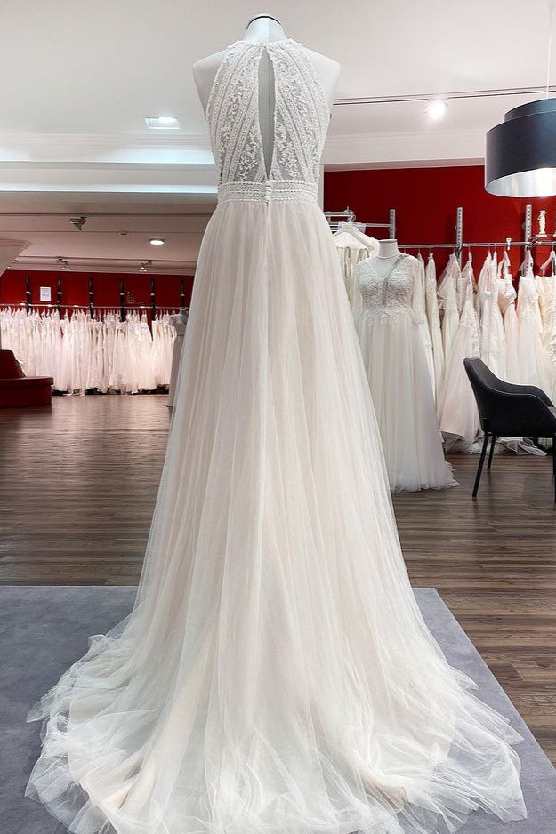 Halter Tulle Ivory Lace Backless Wedding Dresses (ZD17538)