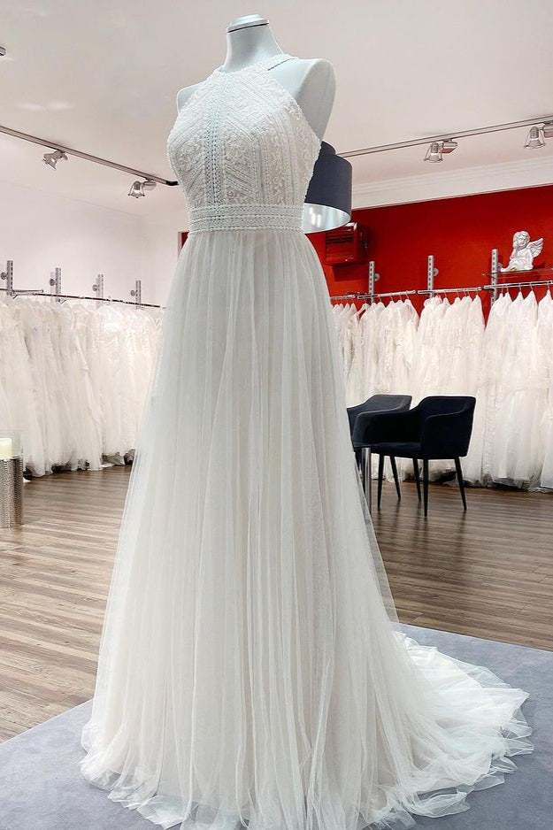 Halter Tulle Ivory Lace Backless Wedding Dresses (ZD17538)
