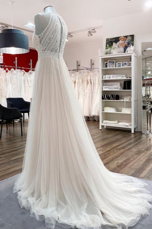 Halter Tulle Ivory Lace Backless Wedding Dresses (ZD17538)