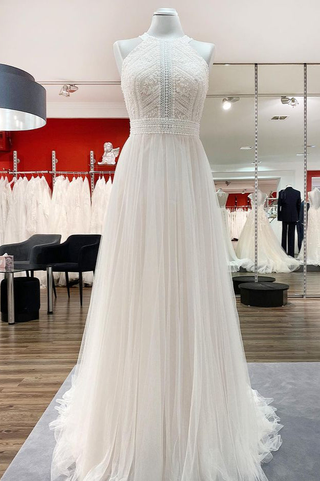 Halter Tulle Ivory Lace Backless Wedding Dresses (ZD17538)